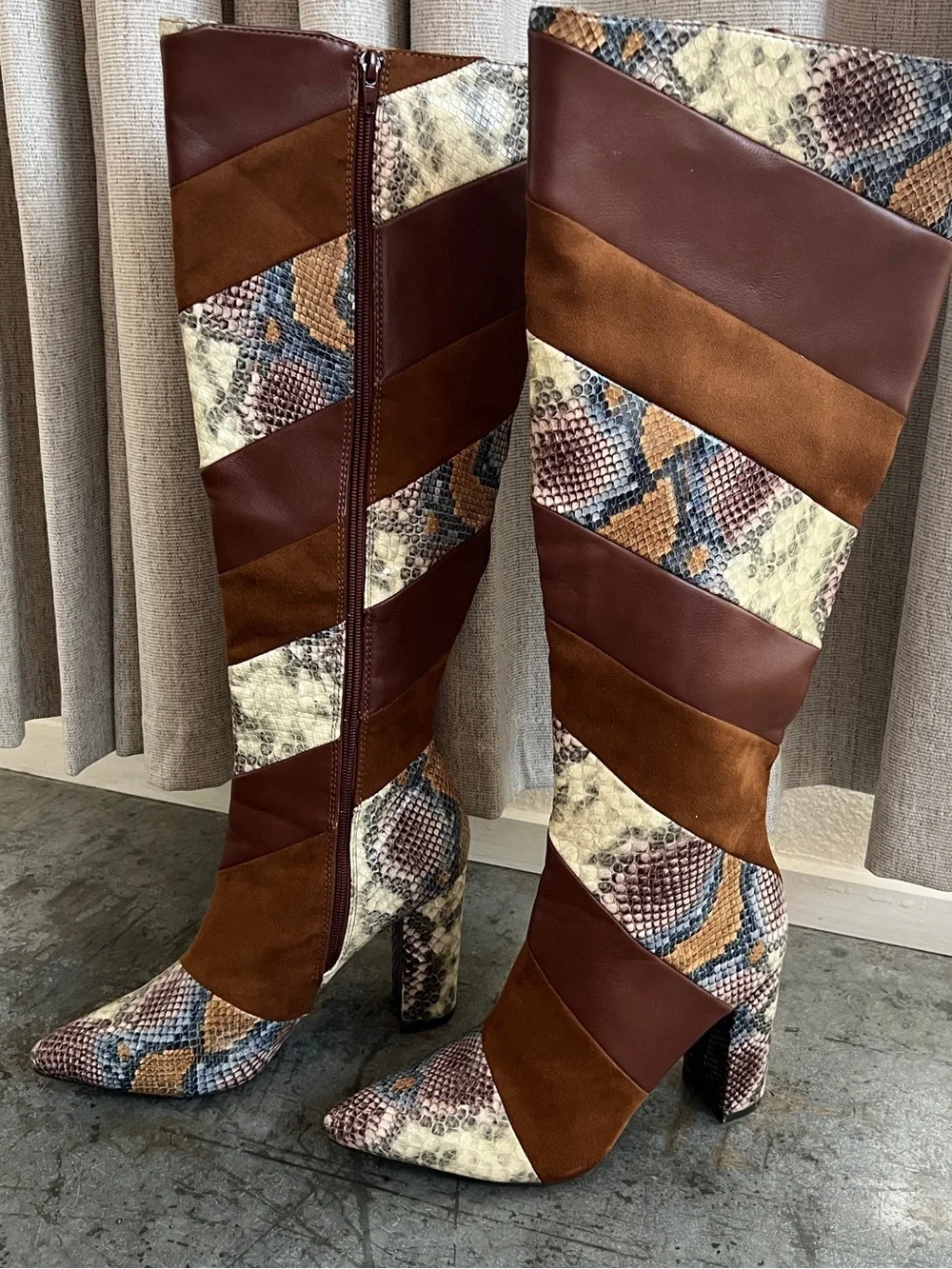 Knee High Patchwork Snake Print Brown Faux Leather Heeled Boots Women’s 7.5